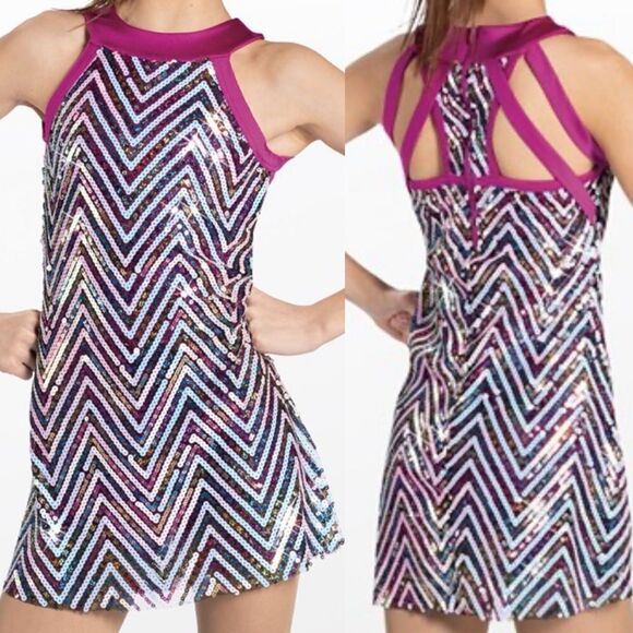 WEISSMAN Dance Costume hot pink shift chevron sequin Into The Groov 12846 IC 7/8 - Picture 1 of 11